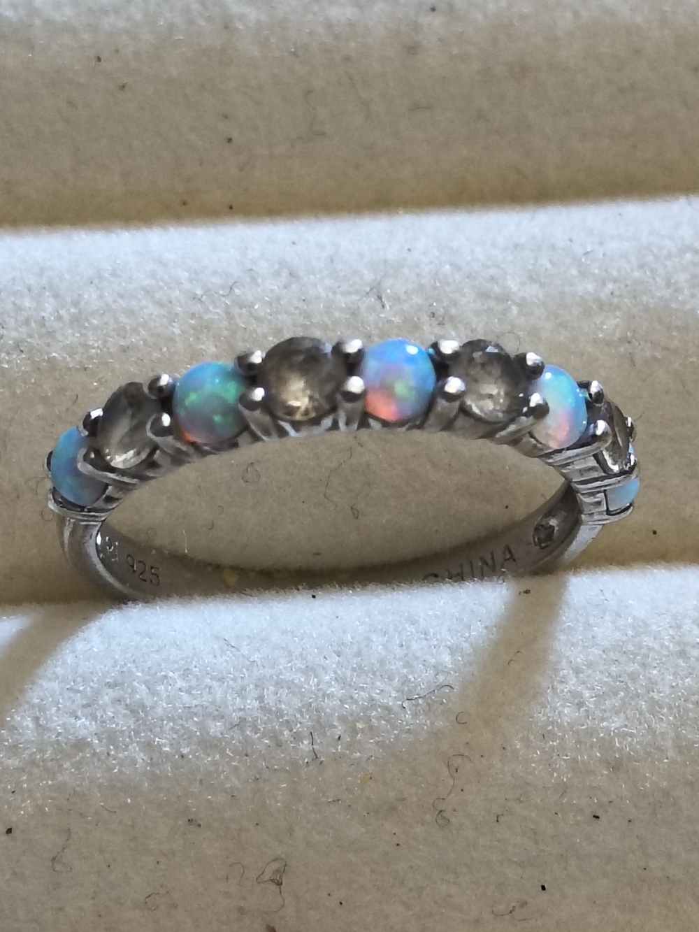 Sterling Silver Opal and White Sapphire Stackable Ring Size 7 Signed